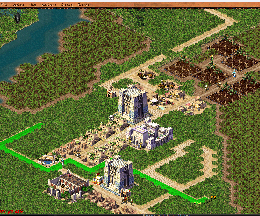 Green map-order road preview dragged across the city between two temples