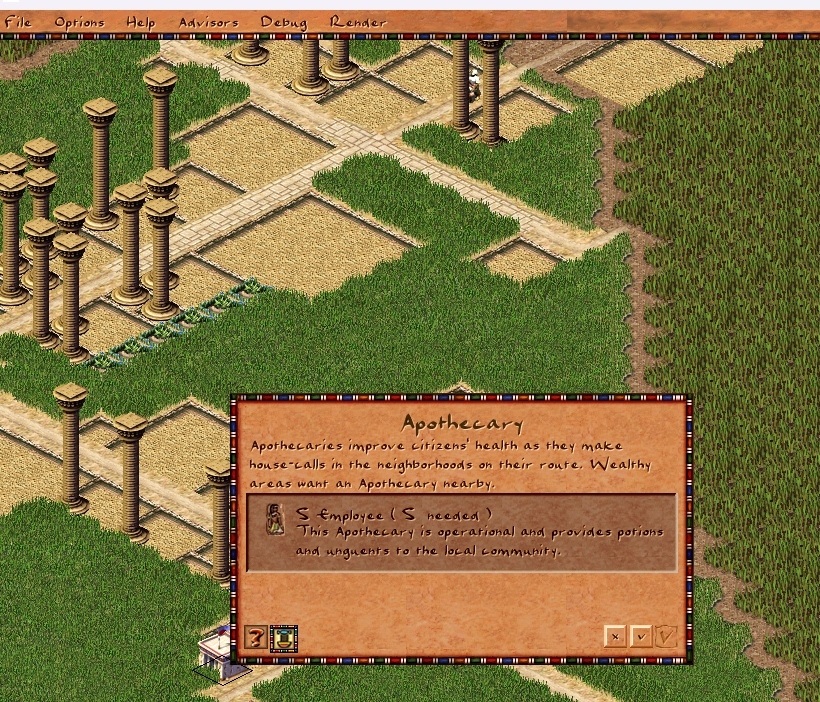Apothecary building info window showing employee count and an operational-status tooltip under the apothecary overlay